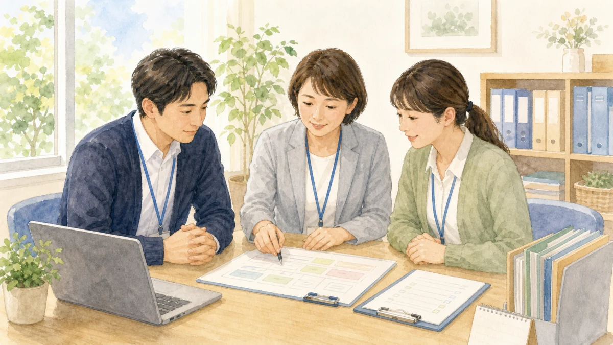 サビ管業務の確認資料、個別支援計画の作成からモニタリングまで整理の内容を表したイラスト